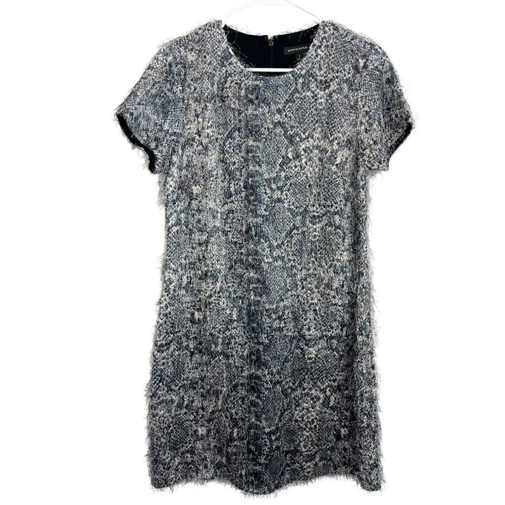 Banana Republic Gray Snakeskin Eyelash Fuzzy Shift Dress Holiday Winter Size 4